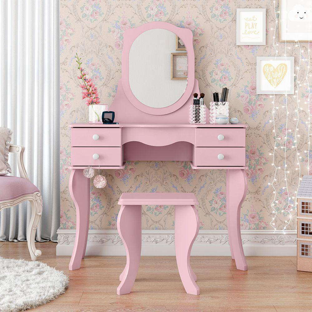 Conjunto de Toucador e banco para crianças Mesa de Maquilhagem Princesa  para Meninas com Espelho Rotativo 360° Removível 3 Gavetas Rosa e Branco