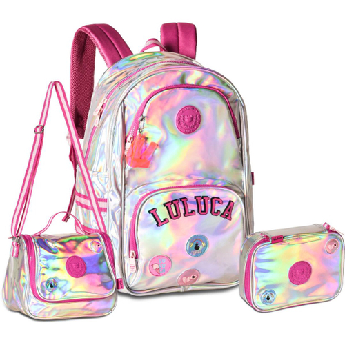 Kit Mochila Luluca + Estojo Bolsa Escolar Acessório Miçangas