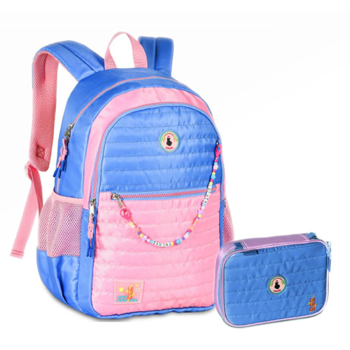 Kit Mochila Luluca + Estojo Bolsa Escolar Acessório Miçangas