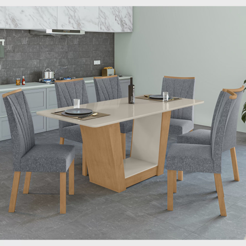 Conjunto de Mesa com 6 Cadeiras Bruna Cinza e Estampa Capitonê