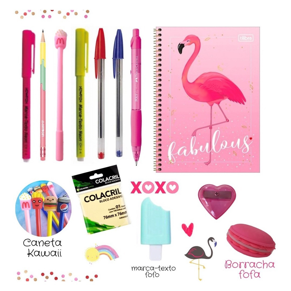 Caderno Kawaii com desenho fofo e páginas coloridas, agenda