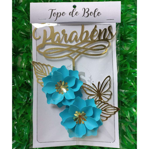 Topo de bolo dourado com 2 flores e borboletas