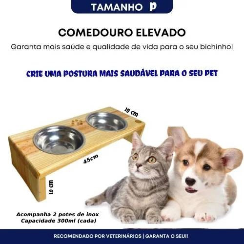 Comedouro Duplo Para Cachorro E Gato Pinus Com Pote Inox - G