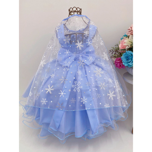 Vestido Infantil Azul Frozen com Capa Luxo