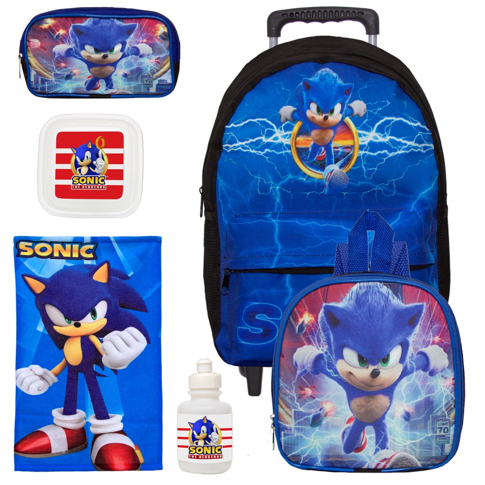 kit mochila de rodinhas Sonic jogo game infantil escolar meninos