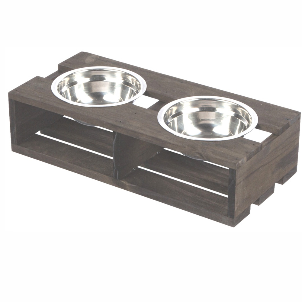 Comedouro Bebedouro Pet Elevado Madeira Duplo 2 Potes Inox Comedor M