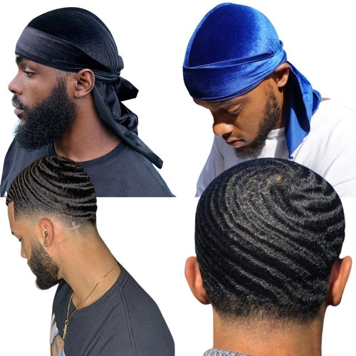 KIT 2 BANDANA DURAG PRETA E AZUL ROYAL VELUDO PARA WAVES HIP HOP