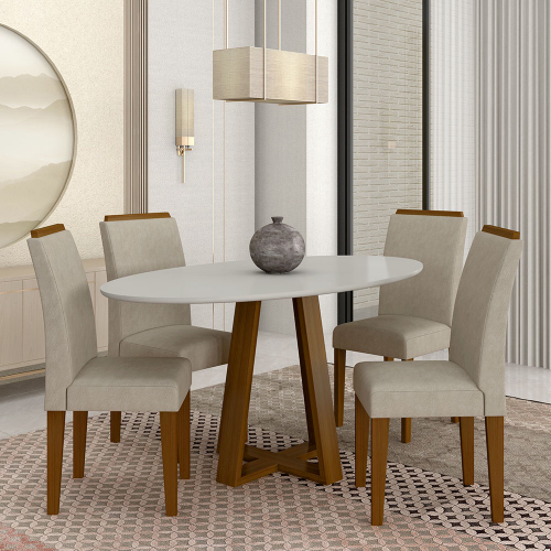 Conjunto Mesa Extensível Oval 4 Cadeiras Madeira Maciça Encosto