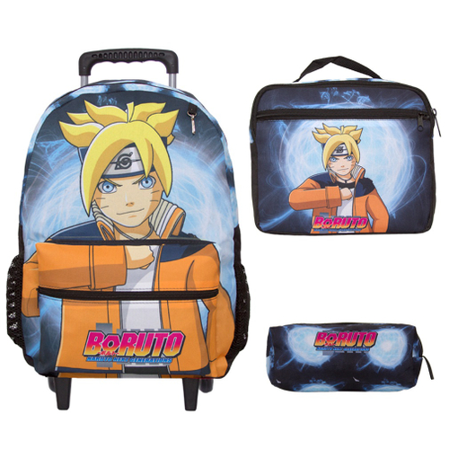 Kit Mochila Escolar Boruto Naruto Infantil de Carrinho Rodinhas