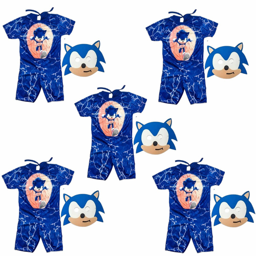 Fantasia Sonic Infantil Menino Curto de Luxo Com Capuz e Luvas