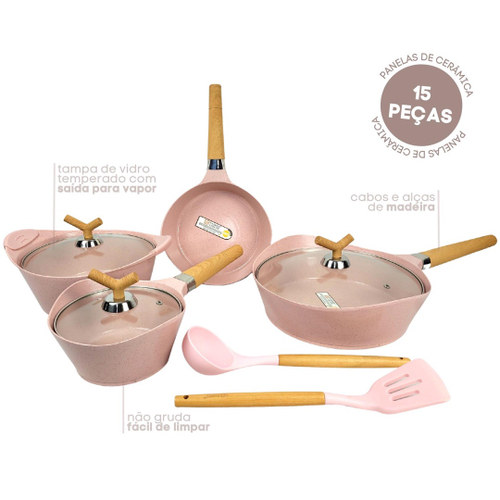 JOGO DE PANELA ROSE 4 PECAS COM REVESTIMENTO CERAMICO TAMPA DE