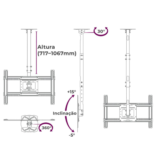 Suporte de Teto p/ TV 37 A 70 Rotação 360 Articulação Altura - ELETROHALEN  - Loja Especializada em Áudio