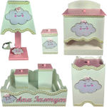 Kit Higiene bebê Mdf menina 7 pçs - Nuvem branco rosa e pérolas