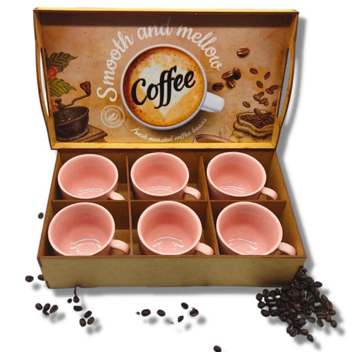 Jogo 6 Xicaras De Porcelana Para Café Chá 170ml Caixa Em Mdf Decorada  Várias Cores cor:Rosa