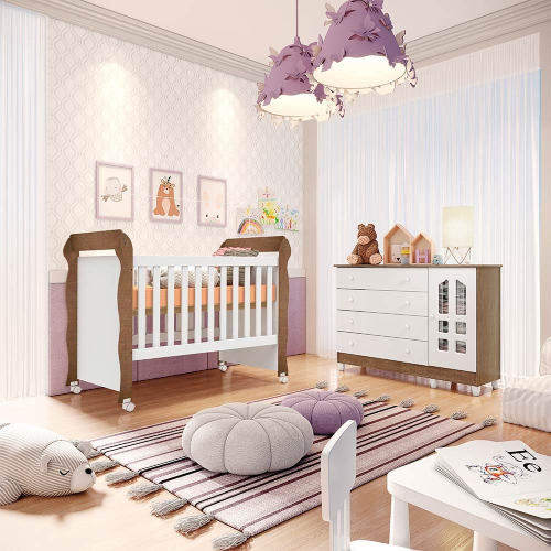 Quarto De Bebê Completo Lara Berço + Guarda Roupa 3 Portas e Cômoda  Fraldário Branco Amadeirado Carolina Baby