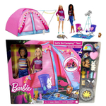 Conjunto Acampamento Vamos Acampar - Boneca Menina Loira Barbie E Boneca Morena Negra Brooklyn Roberts E Dois Mini Pets Animais - Com Tenda Barraca Cadeiras Telescópio E Acessórios - Mattel Brinquedos