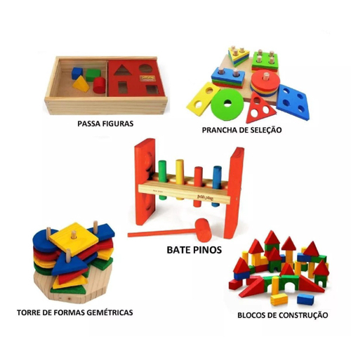 Conjunto 5 Jogos Alfabetização Brinquedos Educativos Pedagógicos em Madeira