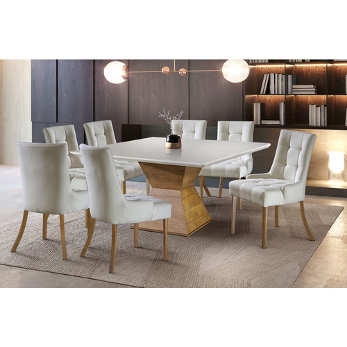 Conjunto Mesa de Jantar 8 Lugares Quadrada com 8 Cadeiras em Madeira  Belissima Bege 150x150cm - ecadeiraslegacy