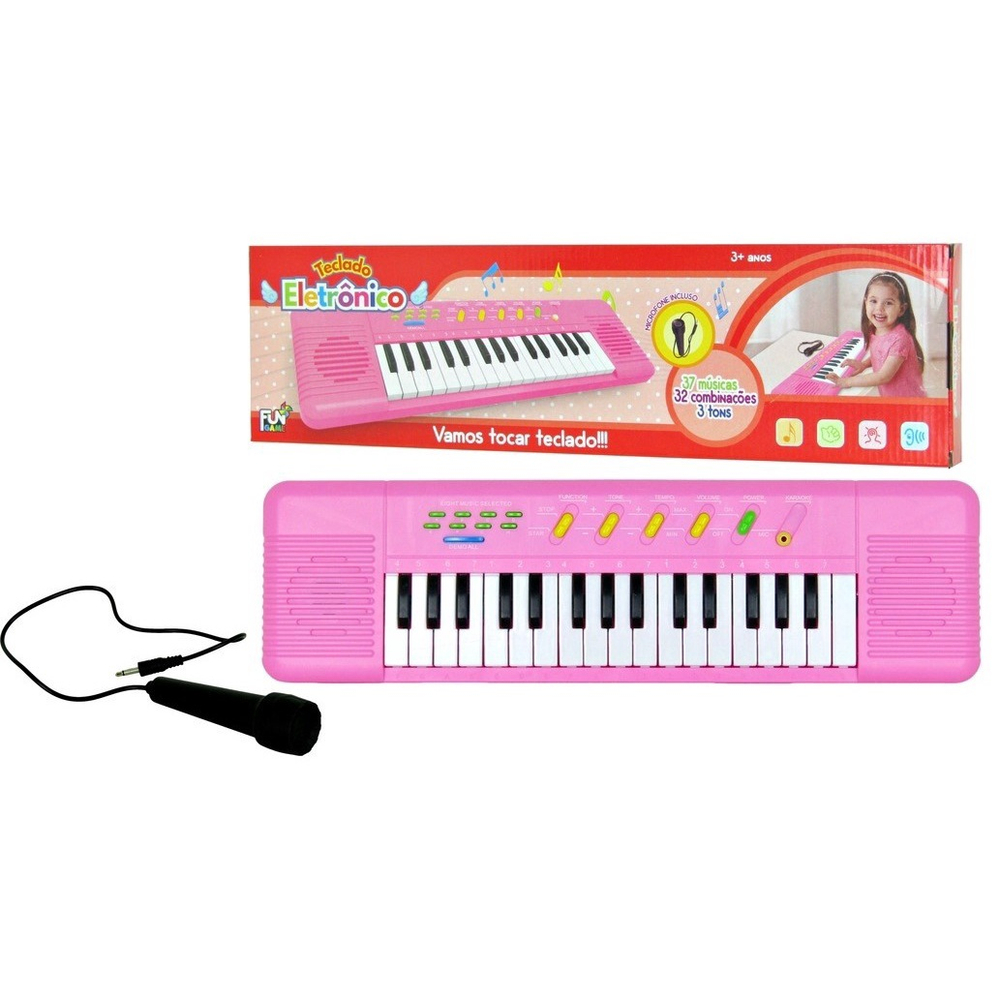 Piano Teclado Brinquedo Infantil Microfone Educativo Musical Cor Rosa