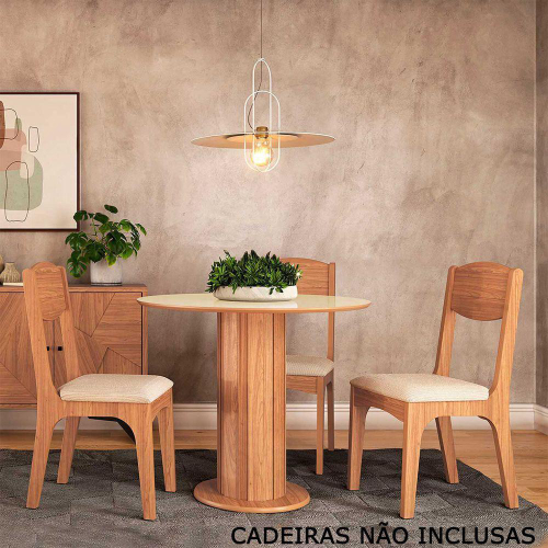 Conjunto de Mesa de Jantar Redonda com Tampo de Vidro Off White Figueira e  4 Cadeiras Gabi Linho Bege e Freijó