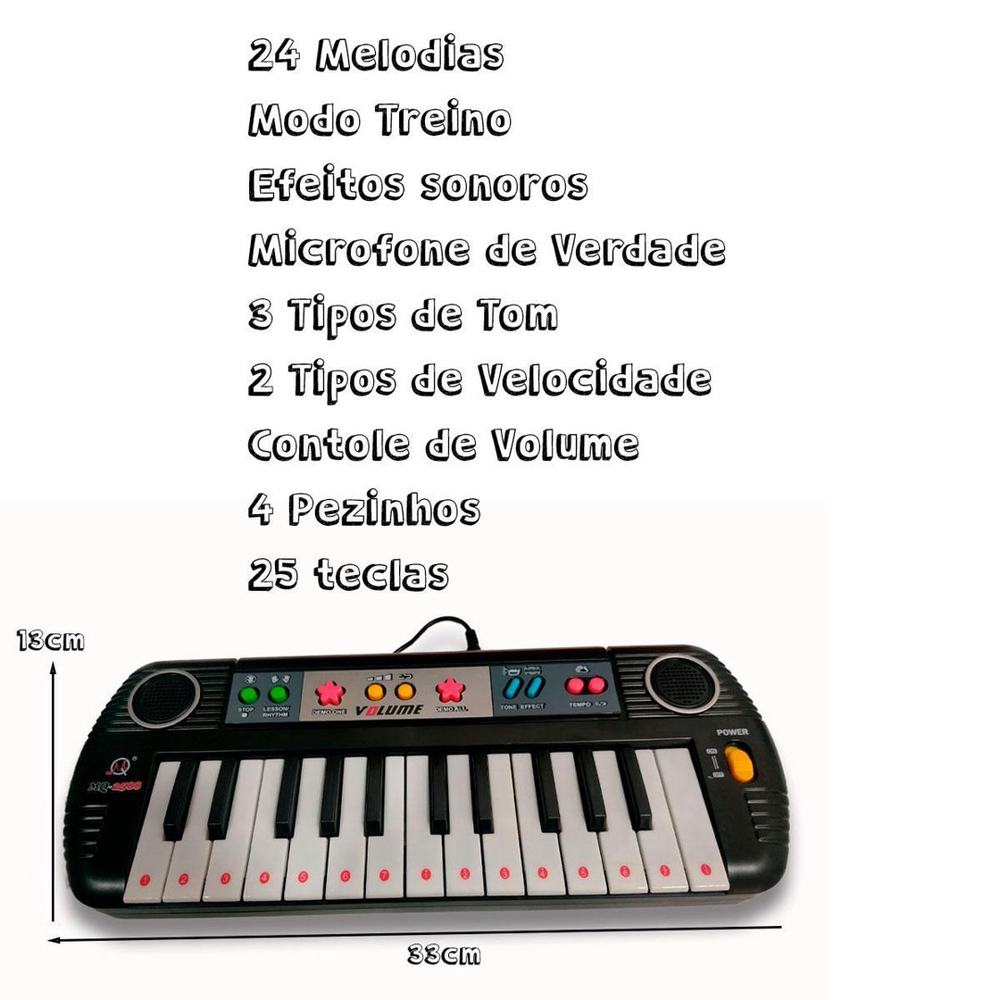 Teclado musical infantil com banco, microfone e 24 músicas pré