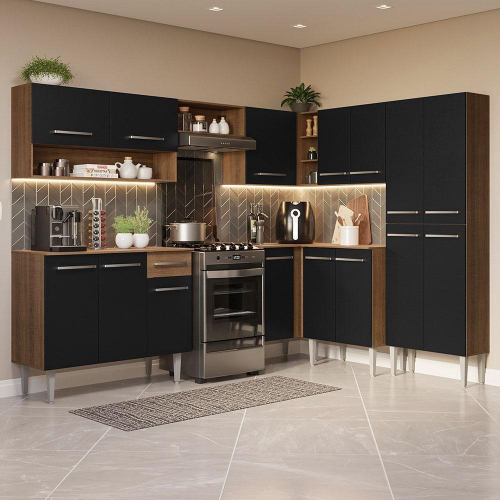 Armário de Cozinha Modulado Sabrina 360x202 Cm 6 Peças mdp Preto menu no  Shoptime