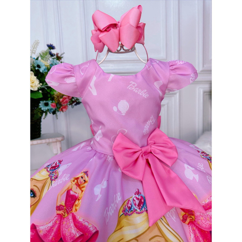 Vestido Infantil Princesa Barbie Rosa Com Aplique de Laço