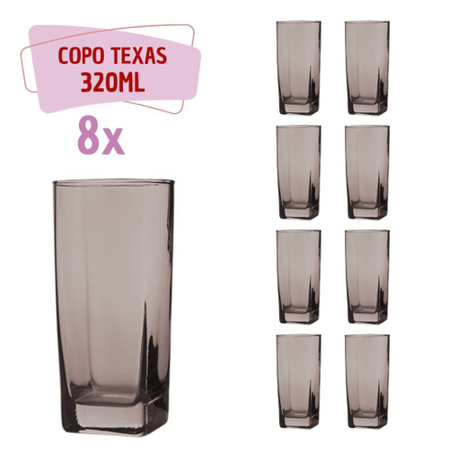 8 Copos Texas Quadrado Vidro Cinza Mesa Posta Chique 320ml no Shoptime