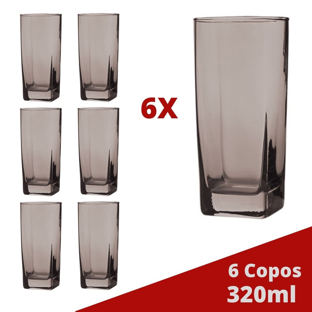 8 Copos Texas Quadrado Vidro Cinza Mesa Posta Chique 320ml no Shoptime