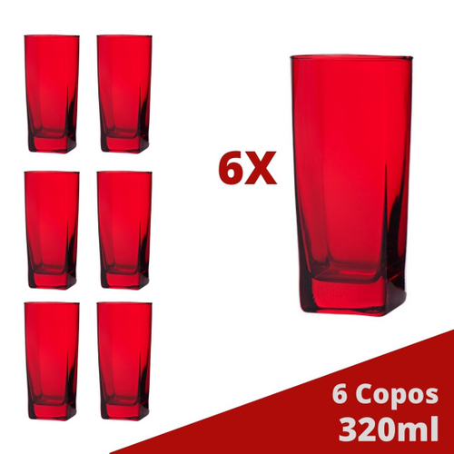 Jogo 18 Copos Chiques Vidro Quadrado 320ml Vermelho Luxo