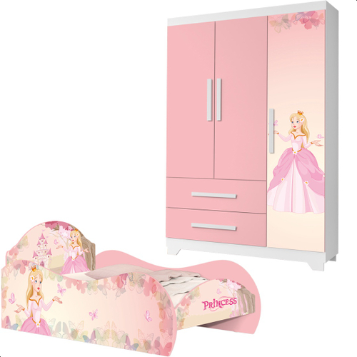 Jogo de Quarto Infantil Cama e Guarda Roupa Princesa Rosa em