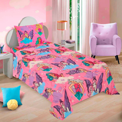 Jogo de Cama Solteiro Infantil Lepper Barbie Super Princesa Rosa