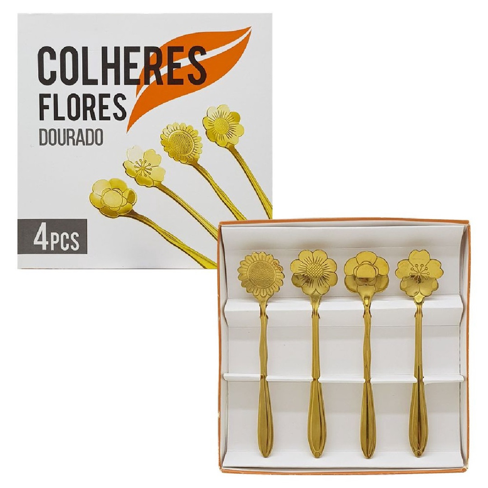 Jogo 4 Colheres para Chá Flores Aço Inox Dourado