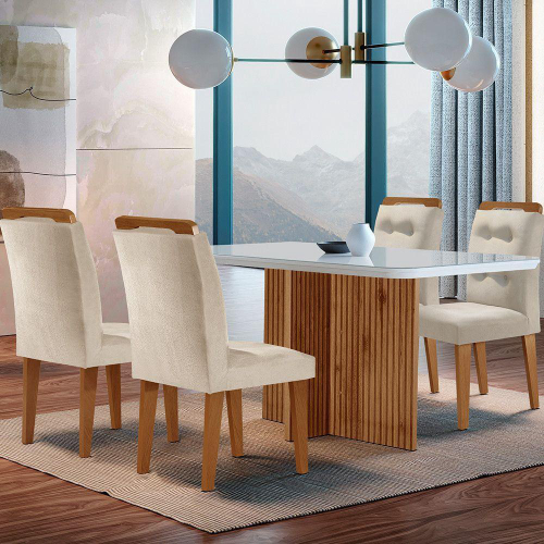 Conjunto de Mesa de Jantar Berlim II com Tampo de Vidro Off White e 4  Cadeiras Grécia Veludo Creme