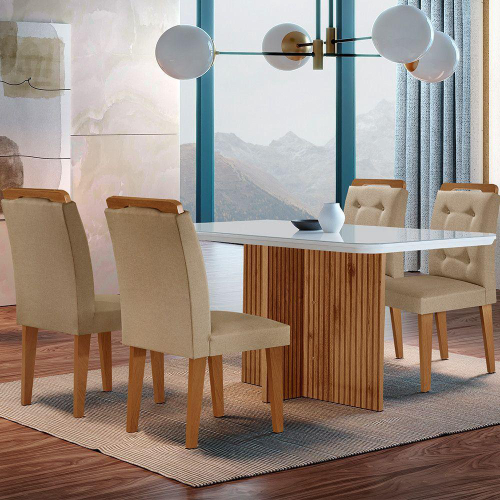 Conjunto Mesa de Jantar Redonda Cecília Amadeirada Natural 120cm com 4  Cadeiras Estofadas Isabela Cinza