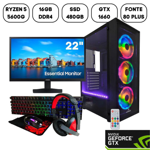 Pc Gamer Ryzen 5 5600g, 16gb, Ssd 480gb, Monitor, Kit Gamer 