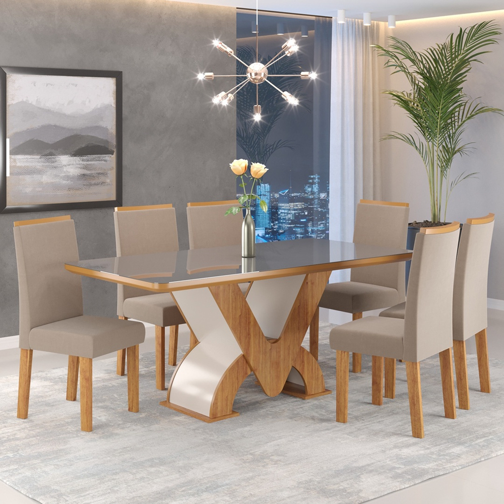 Conjunto Mesa de Jantar Áustria com Vidro e 6 Cadeiras