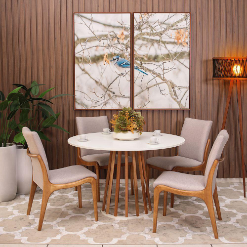 Conjunto Mesa de Jantar Redonda Cecília Amadeirada Natural 120cm com 4  Cadeiras Estofadas Isabela Cinza