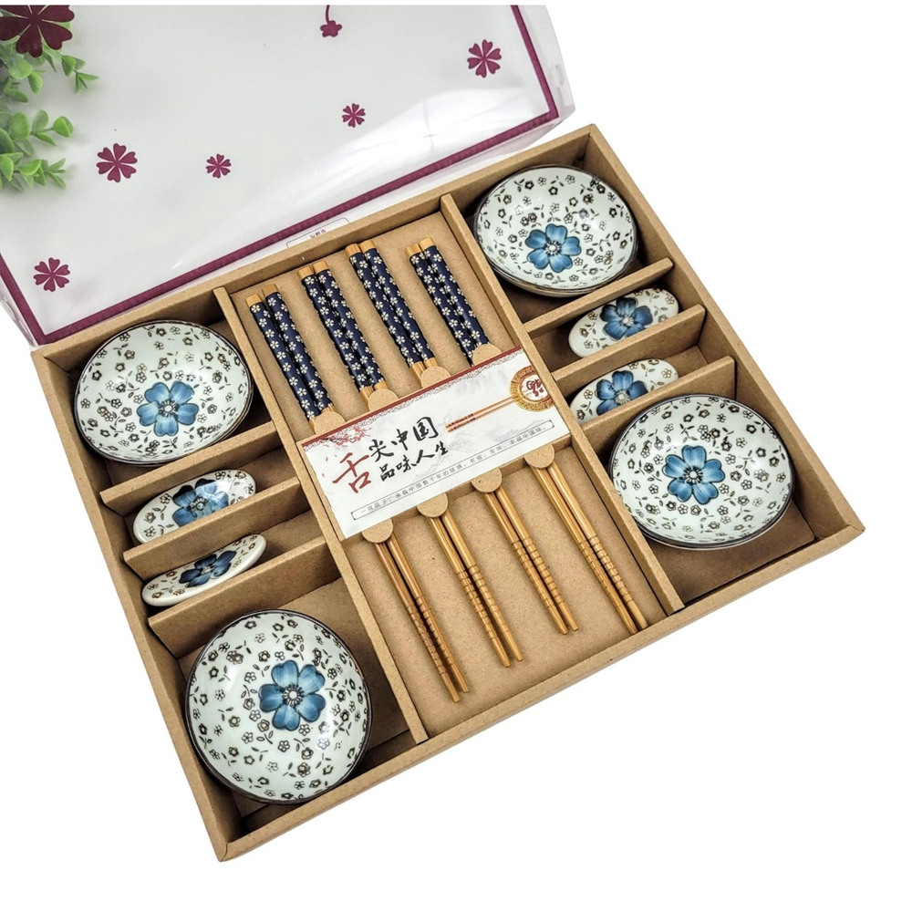 Kit 4 Pessoas Jogo Oriental Azul Porcelana 9 Peças Japonês