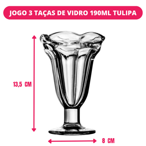 Taça De Sobremesa Vidro Sorvete Sundae Milk Shake Água Jogo 3 Peças Tulipa  190ml - Escorrega o Preço