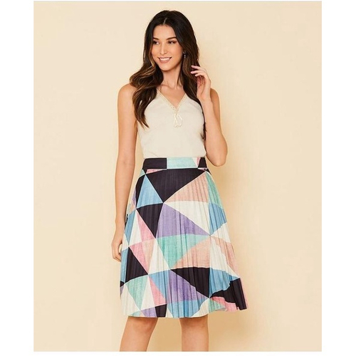 Saia feminina midi plissada estampa etinica colorida em Promo o
