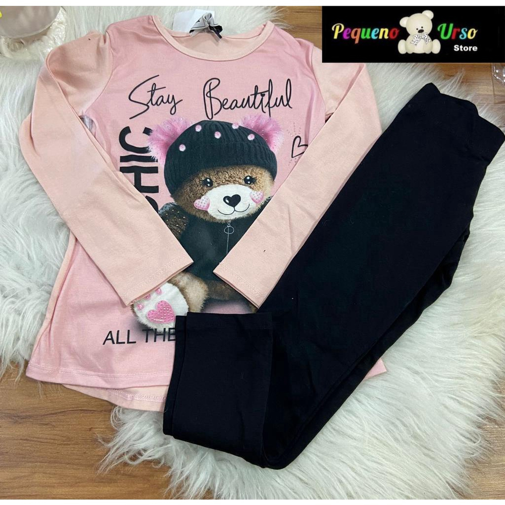 Legging Infantil Menina Cotton Urso Pink