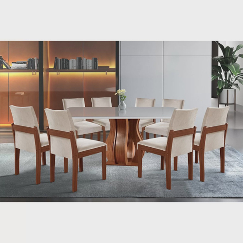 Conjunto Mesa de Jantar 8 Lugares Quadrada com 8 Cadeiras em Madeira  Belissima Bege 150x150cm - ecadeiraslegacy