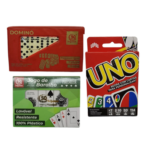 Kit 3 Jogos Família Amigos Viagem Uno 2 Baralhos E Dominó