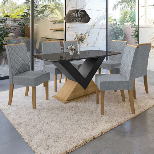 Conjunto Mesa de Jantar Tampo Vidro e MDF 1,60m e 6 Cadeiras Tiê