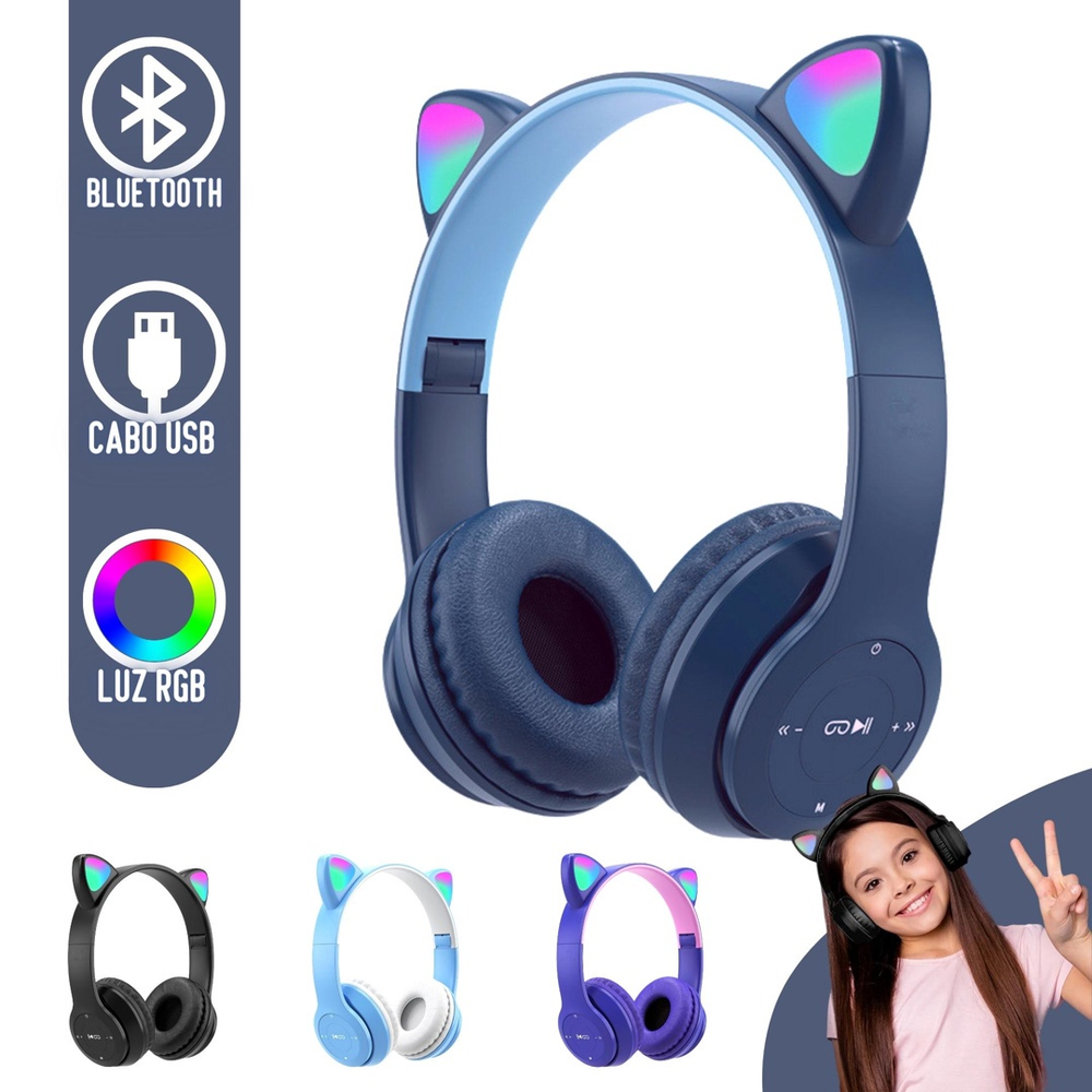 Fone De Ouvido Bluetooth Azul Orelha Gatinho Infantil Led