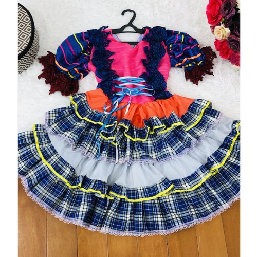 Vestido Infantil de Festa Junina Xadrez Rosa & Corações + Bolsinha