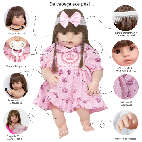 Boneca Reborn Bebe Menina 52cm Realista Silicone Enxoval - USA Magazine