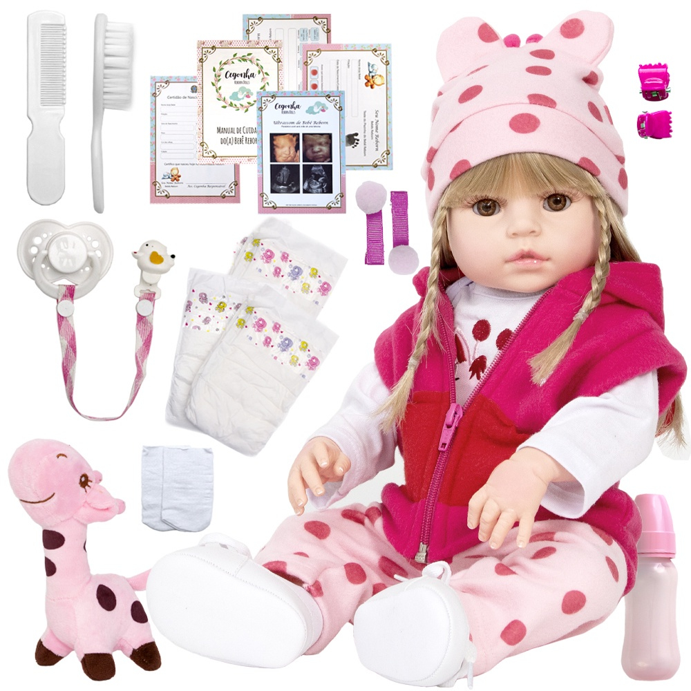 Boneca Bebê Reborn Girafinha 52cm Toda de Silicone + Enxoval no Shoptime