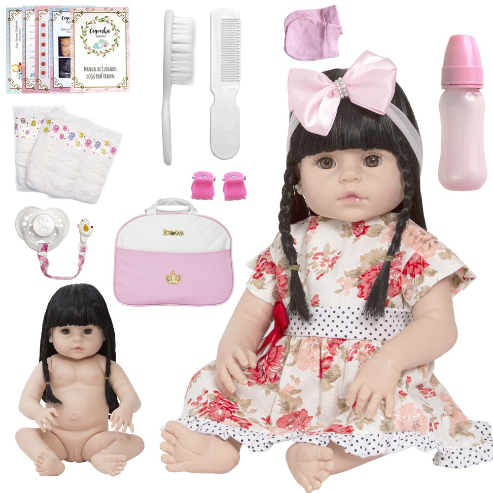 Boneca Bebê Reborn Grande Menina Realista Real Silicone e Tecido Com Cabelo  Roupa Rosa 60cm 11 Acess em Promoção na Americanas